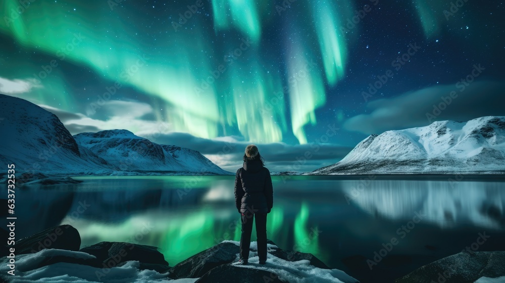 Woman tourist looking at the Northern Lights in a snowy landscape. AI Generated.