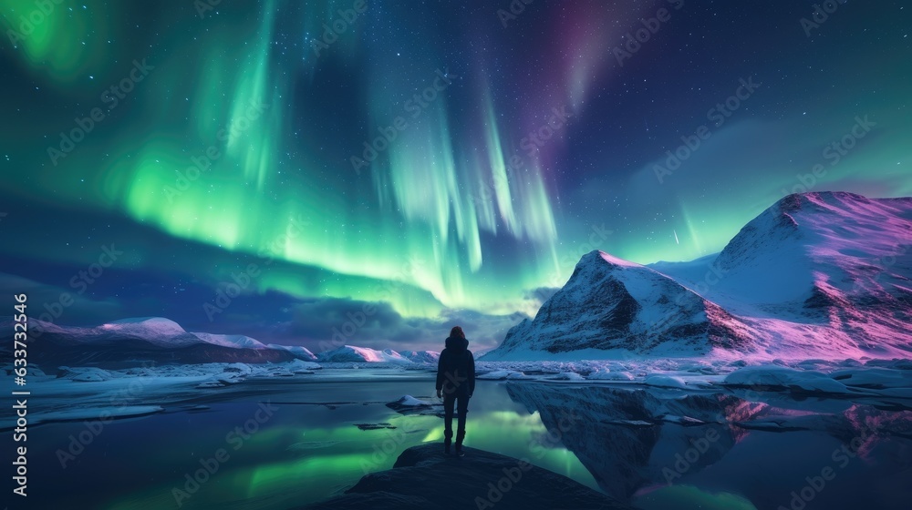 Woman tourist looking at the Northern Lights in a snowy landscape. AI Generated.
