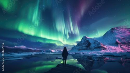 Woman tourist looking at the Northern Lights in a snowy landscape. AI Generated. © ShniDesign