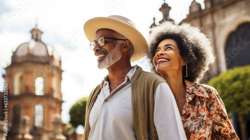 Portrait of senior couple tourists outdoors in historic town. AI Generated.