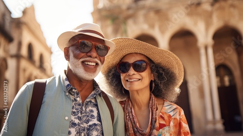 Portrait of senior couple tourists outdoors in historic town. AI Generated. © ShniDesign