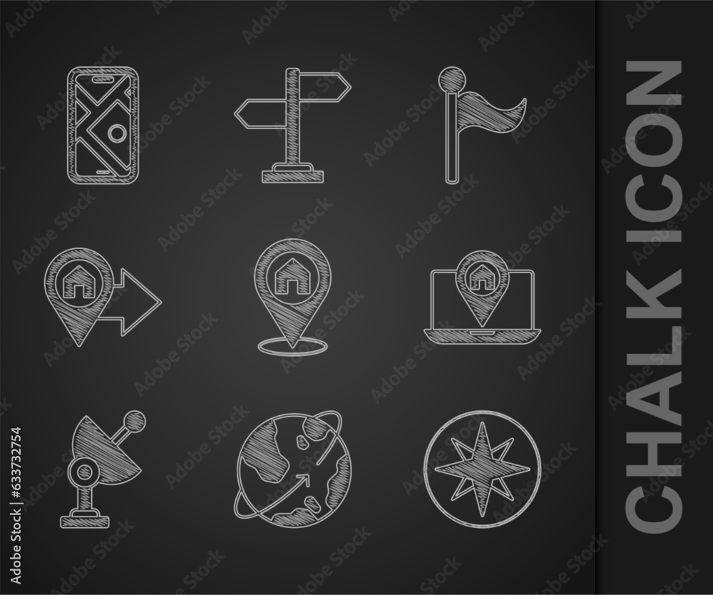 Set Location with house, Satellites orbiting the Earth, Wind rose, City