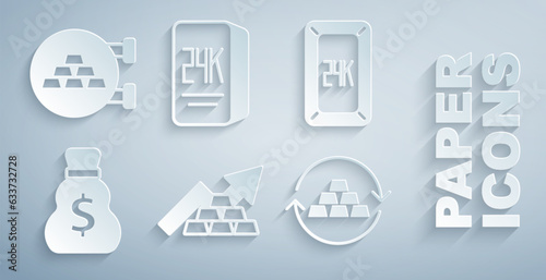 Set Growth arrow with gold bars, Gold 24k, Old money bag, exchange, and Jewelry store icon. Vector