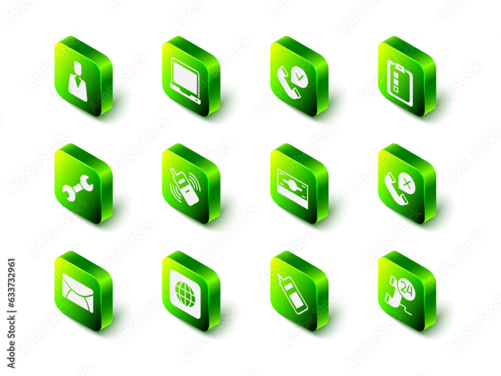 Set Laptop, Telephone handset, Online quiz, test, survey, Declined or missed call, 24 hours support, Stacks paper money cash, Mobile and Worldwide icon. Vector Set Laptop, Telephone handset, Online quiz, test, survey, Declined or missed call, 24 hours support, Stacks paper money cash, Mobile and Worldwide icon. Vector