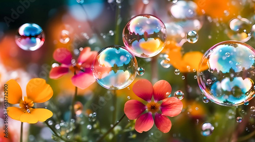 Bright colored flowers with soap bubbles. Natural background. Generative AI technology.