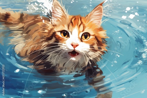 Cat in the pool and swims