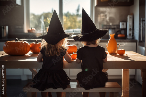 Fototapeta two little girls in witches costume carving pumpkins in the kitchen for Hallowee