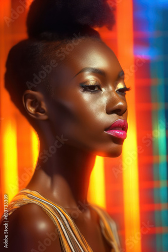 Beautiful very skinny young black woman on blur soft colorful background