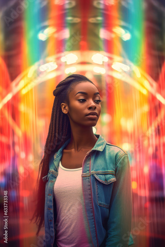 Beautiful very skinny young black woman on blur soft colorful background © tashechka