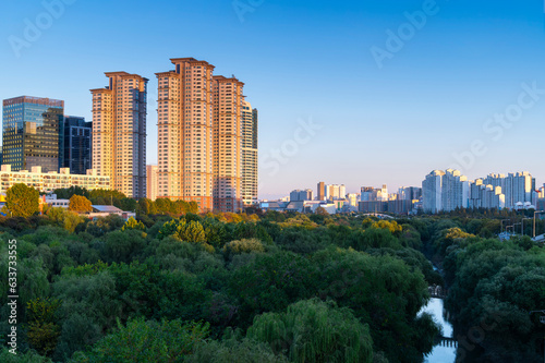 Photography Aerial view of yeouido Hangang park in autumn season with skyscrapers and  moder