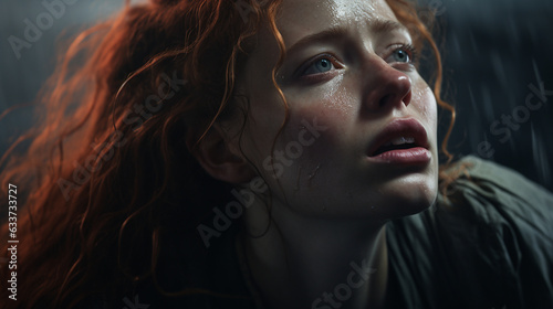 beautiful red-haired girl of a rainy evening with a loving pleading look, created by AI