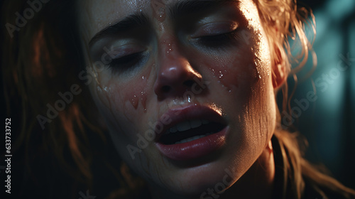wet face of beautiful girl with closed eyes and open mouth with cinematic lighting, AI generated