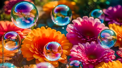 Bright colored flowers with soap bubbles. Natural background. Generative AI technology. © Grycaj