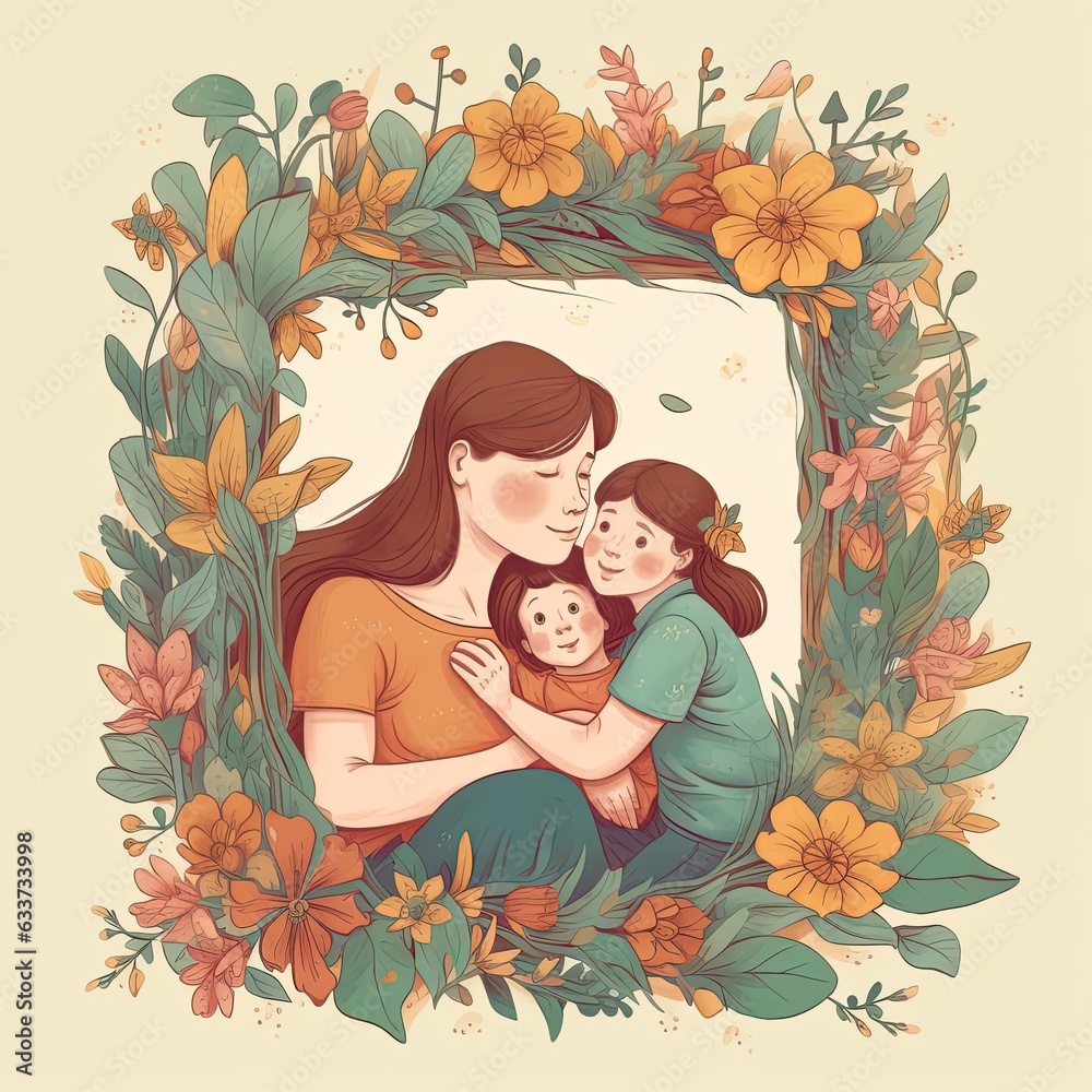 children in mothers hands smiling, flowers background. Happy mothers day. graphic stile. Ai generated children in mothers hands smiling, flowers background. Happy mothers day. graphic stile. Ai generated