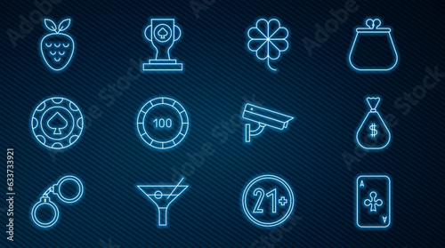 Set line Playing card with clubs, Money bag, Casino slot machine clover, chips, strawberry, Security camera and poker trophy cup icon. Vector