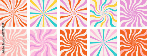 Abstract vintage colored sunburst background. Groovy backgrounds retro 70s style. Cute abstract vintage texture wallpaper. Hippie wavy vector. Colorful fun stripes in retro 1970s trendy design. 