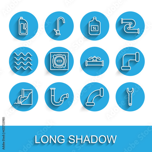 Set line Wastewater, Industry metallic pipe, Container with drain cleaner, Wrench spanner, Manhole sewer cover, and and valve icon. Vector