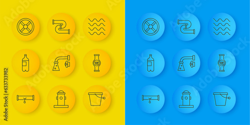 Set line Broken pipe with leaking water, Bottle of, Water tap, Bucket, meter, Industry valve, Wave and metallic icon. Vector