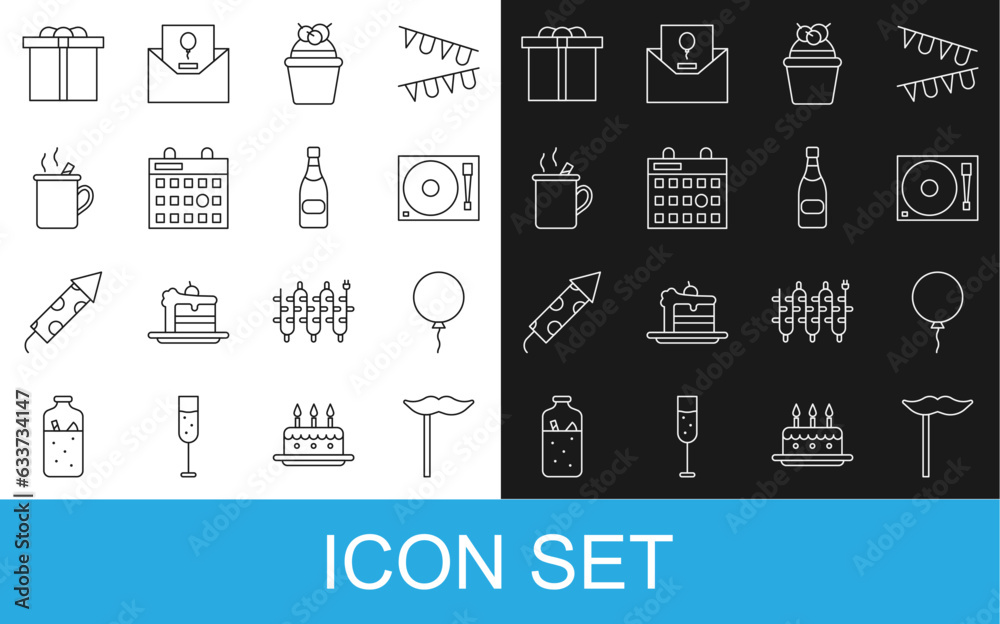Set line Paper mustache on stick, Balloon with ribbon, Vinyl player vinyl disk, Cake, Birthday calendar, Mulled wine, Gift box and Champagne bottle icon. Vector