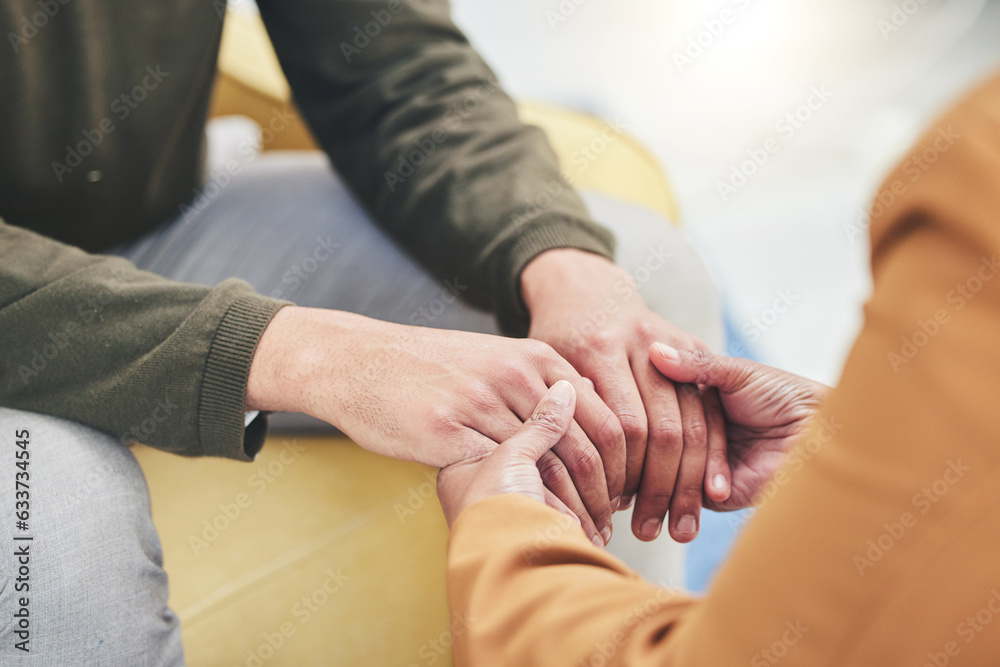 Mental health, support and patient holding hands with therapist in counseling session for depression, anxiety or trauma. Person, talking and psychologist listening with empathy, trust and helping - obrazy, fototapety, plakaty 