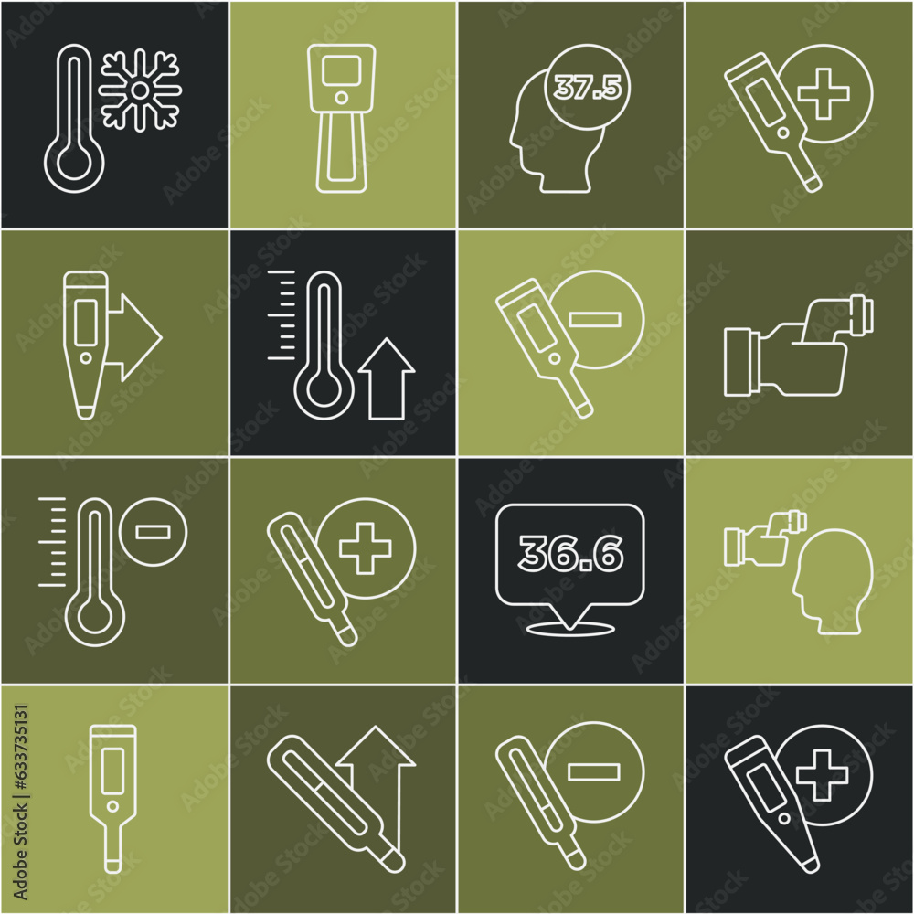 Set line Digital thermometer, Checking body temperature, High human, Meteorology, Thermometer with snowflake and icon. Vector Set line Digital thermometer, Checking body temperature, High human, Meteorology, Thermometer with snowflake and icon. Vector