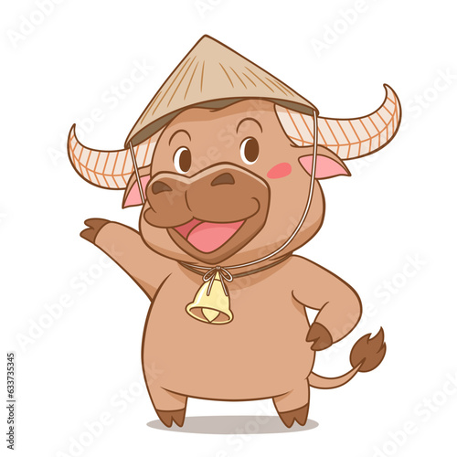 Cartoon character of cute buffalo wearing Vietnamese Conical Hat.