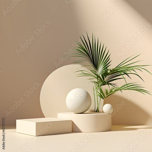3d geometric objects in cream pastel background with the shadow of the coconut stem generator by AI