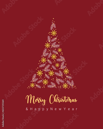 Card Merry Christmas red background with fir branches and anise stars and berries. Vector illustration