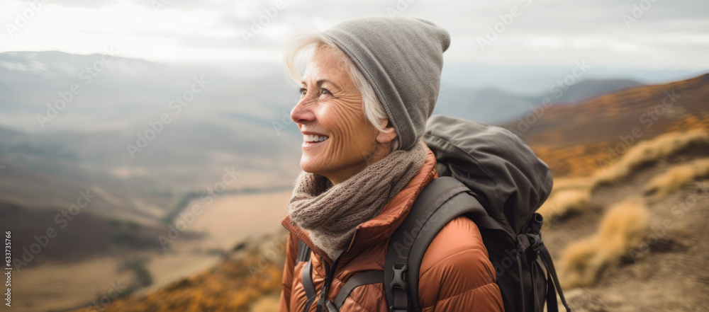 Mature senior woman hiking on mountains. Generative AI