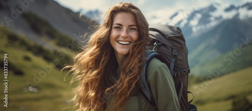 Woman hiking on mountains. Generative AI
