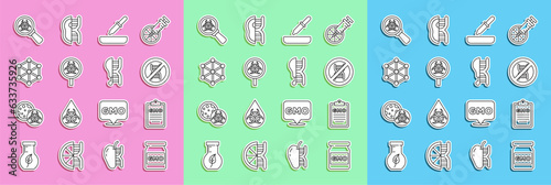 Set line GMO, Stop, Pipette, Biohazard and magnifying glass, and Genetically modified chicken icon. Vector