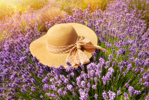 Sunny field of lavender with summer straw hat