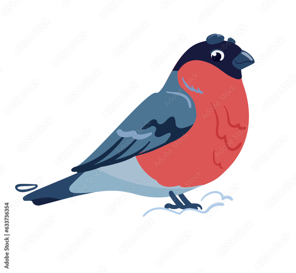 Fototapeta premium Bullfinch. Vector illustration of a feathered character. The bird is standing in the snow. Cute art in flat cartoon style. Isolated on white background