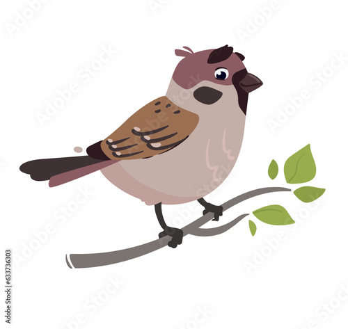 Funny bird Sparrow. Vector illustration of a field sparrow, feathered character. Cute print in flat cartoon style. Isolated on white background