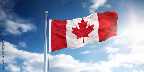 Flag of Canada waving on a windy day. in the blue sky