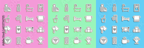 Set line Five stars rating review, Suitcase, Towel on hanger, Bathtub with shower, Shower, Champagne ice bucket, and Hotel room bed icon. Vector