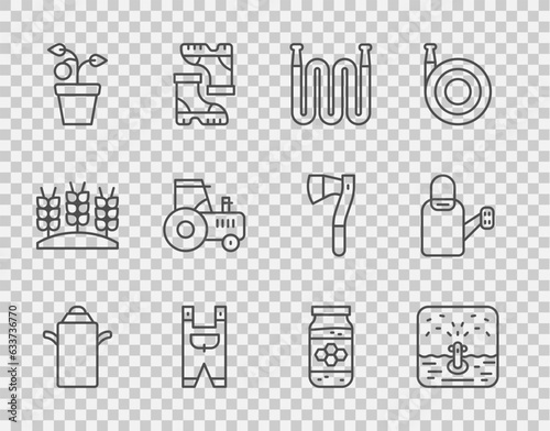Set line Can container for milk, Automatic irrigation sprinklers, Garden hose, worker clothes, Plant pot, Tractor, Jar of honey and Watering can icon. Vector