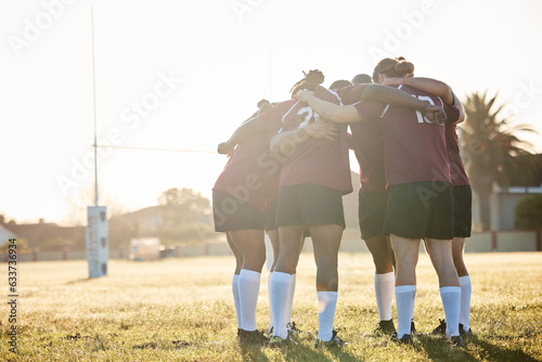 Canvastavla Rugby, training and a sports team in a huddle on a field for a game, competition or fitness practice
