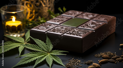  dark chocolate with hemp. Fun sweets, coffeeshop menus, chocolate bars with a vegetable marijuana light drug. Concept: Legalization of cannabis © Marynkka_muis