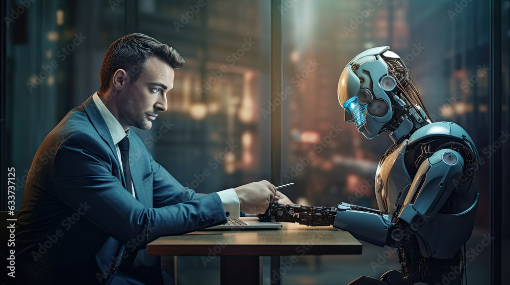 Serious man and robot sitting at table in office. Research concept Serious man and robot sitting at table in office. Research concept