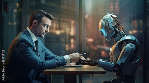 Serious man and robot sitting at table in office. Research concept