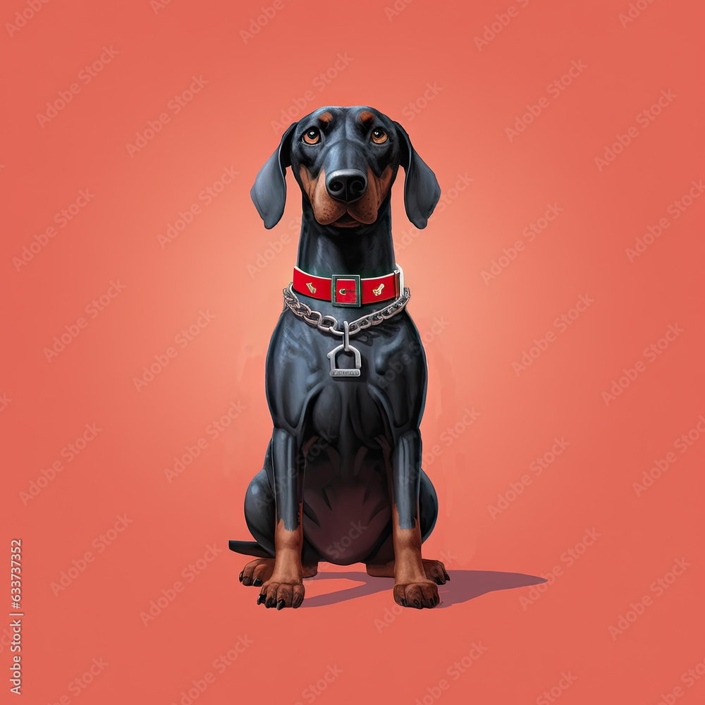 Black Doberman dog isolated on red background. 3d rendering