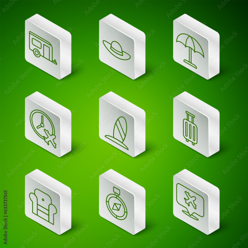 Set line Speech bubble with airplane, Compass, Rv Camping trailer, Surfboard, Clock, Elegant women hat, Armchair and Suitcase icon. Vector Set line Speech bubble with airplane, Compass, Rv Camping trailer, Surfboard, Clock, Elegant women hat, Armchair and Suitcase icon. Vector