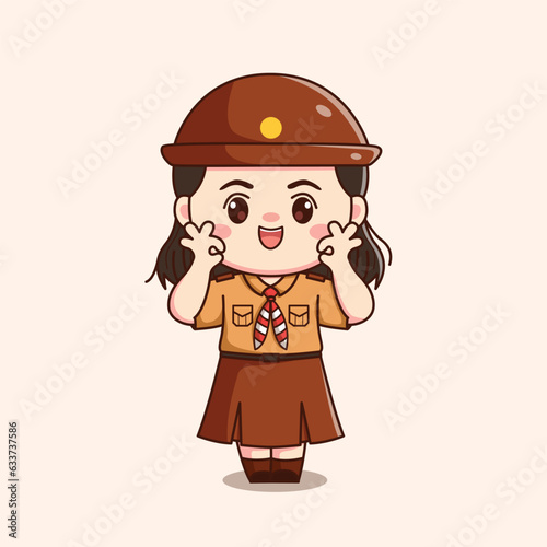 indonesian scout girl with ok sign cute kawaii chibi character illustration