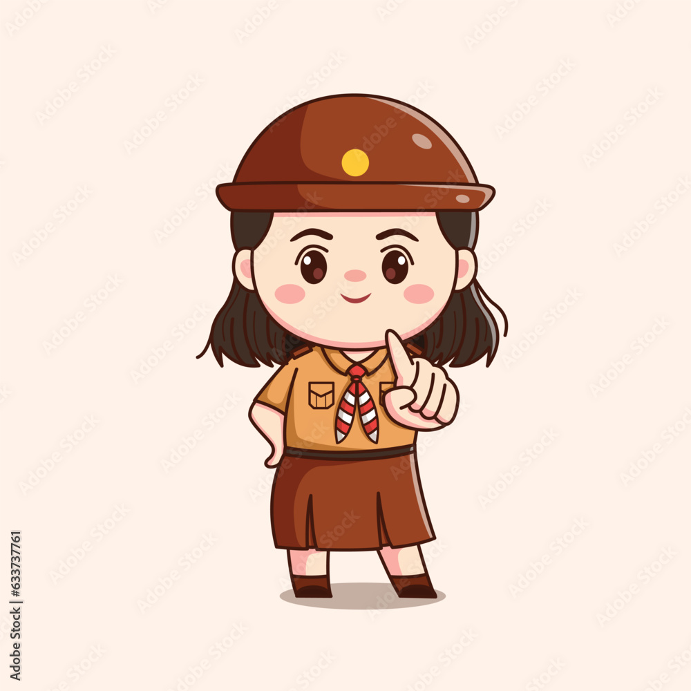 indonesian scout girl with pointing finger cute kawaii chibi character illustration