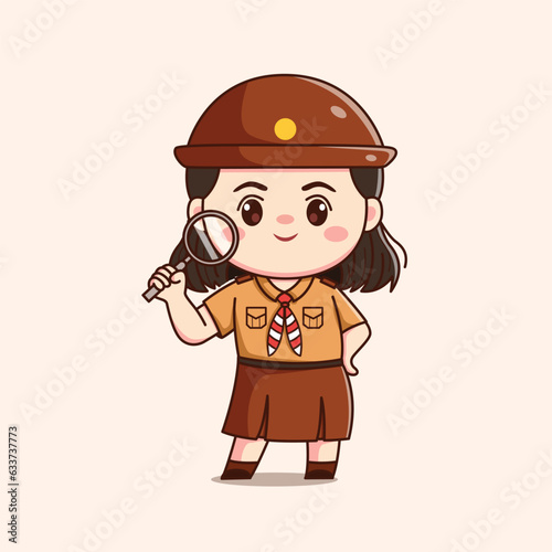 indonesian scout girl with magnifying glass cute kawaii chibi character illustration