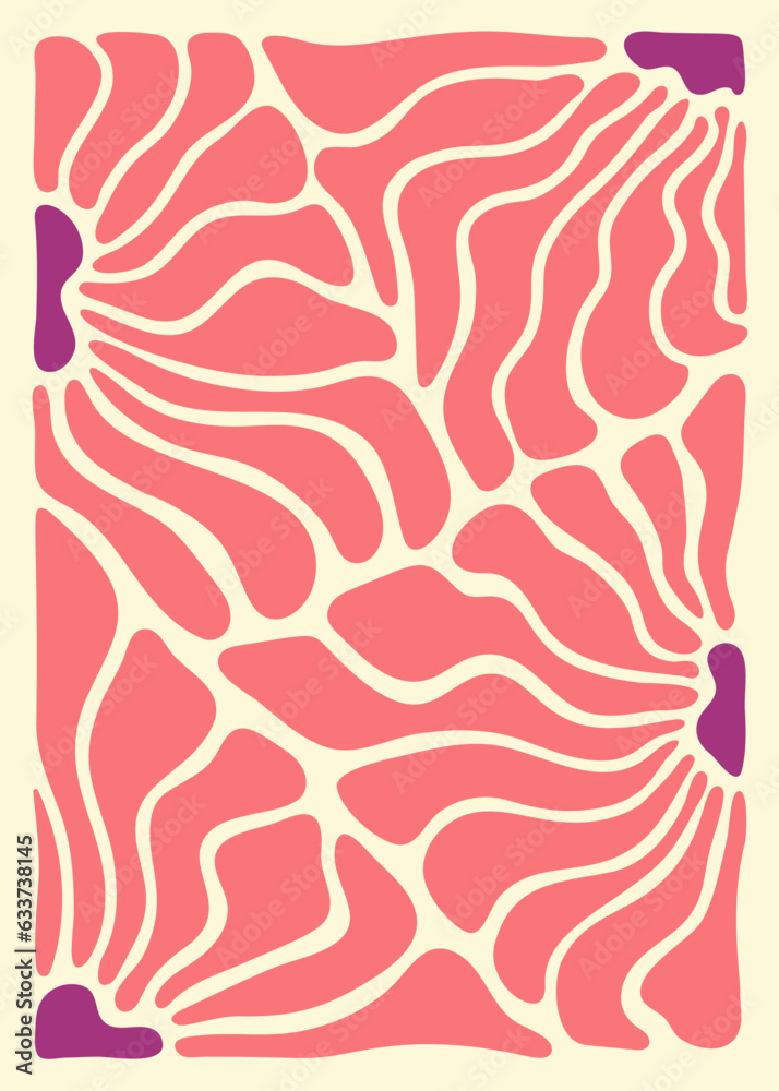Fototapeta premium Groovy abstract flower art. Matisse aestethic curves. Organic floral doodle shapes in trendy naive retro hippie 60s 70s style. Botanic vector illustration in pink and purple colors. Vector background