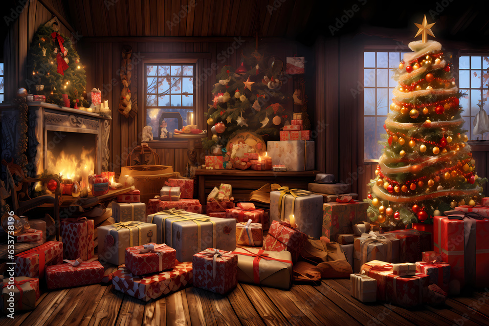 weihnachtlch dekoriertes Wohnzimmer an Heilig Abend mit vielen Geschenken und Christbaum erstellt mit generativer KI