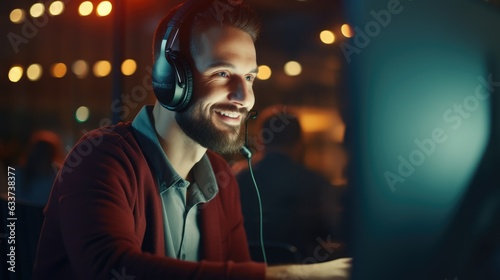 call center man wearing headphone smiled working and providing service with courtesy and attention front of laptop, Generative AI