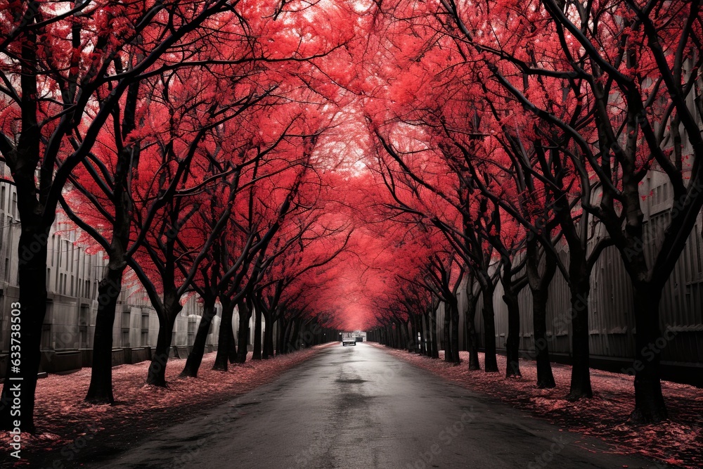 Fototapeta premium Surreal colors of fantasy landscape with tunnel and path way through trees with red leaves
